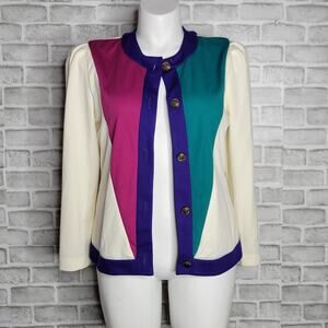 Vintage Color Block Teal, Purple & Cream Cardigan, Size Large